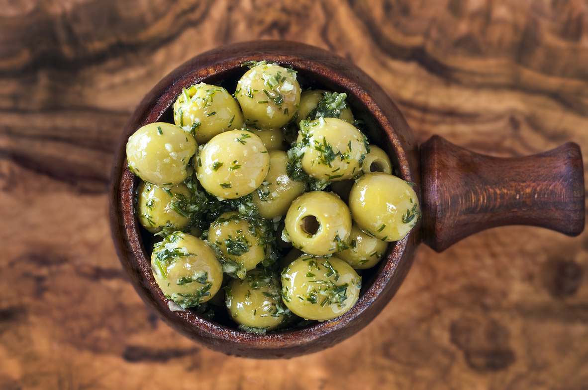 Green Pitted Manzanilla Olives with Dill, Garlic and Lemon Zest and Juice