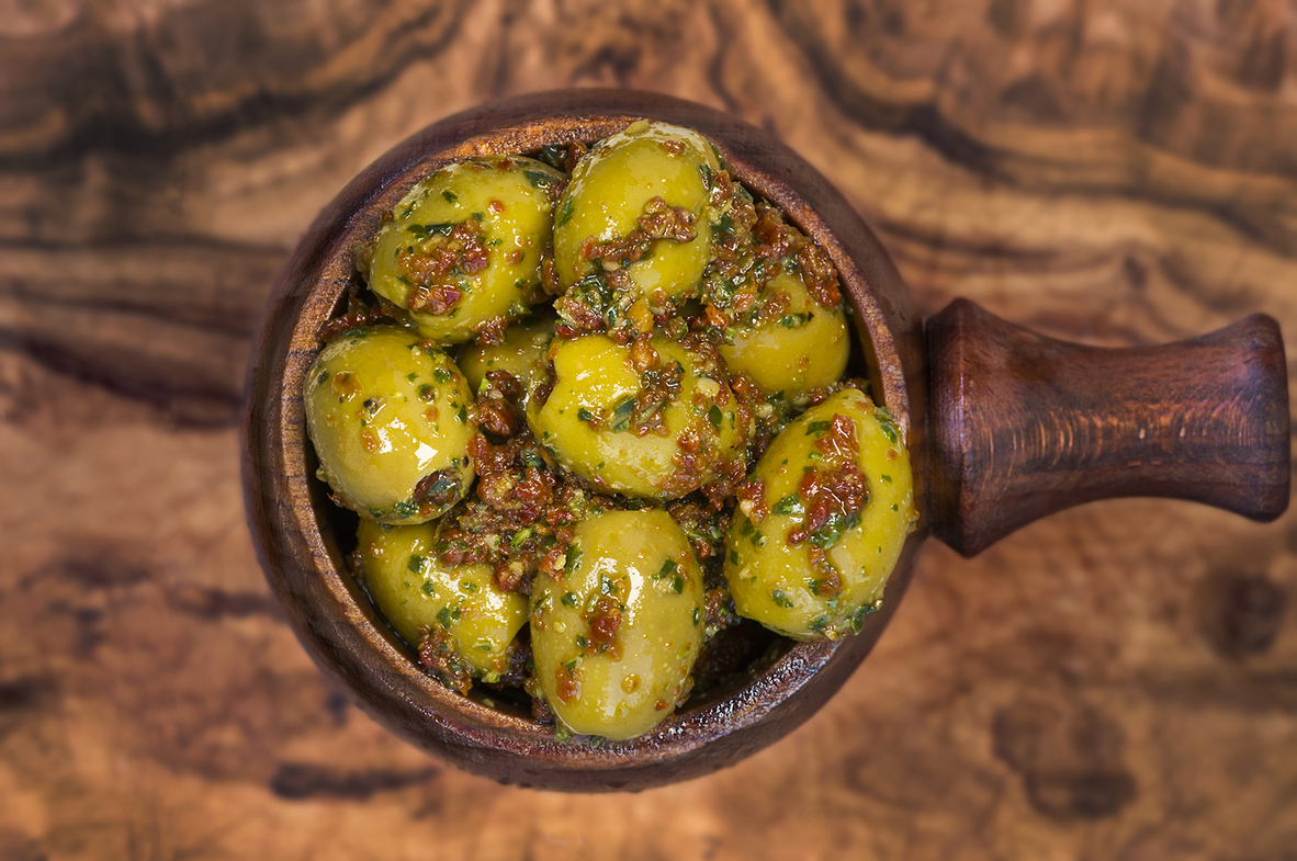 Pitted Green Olives with Basil and Tomato Borough Olives