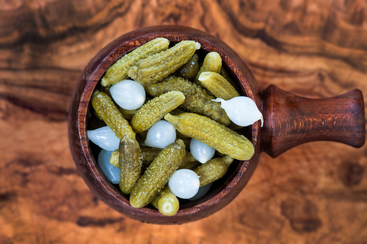 Cornichons infused with oninios,Wine Vinigar and Mustard seeds